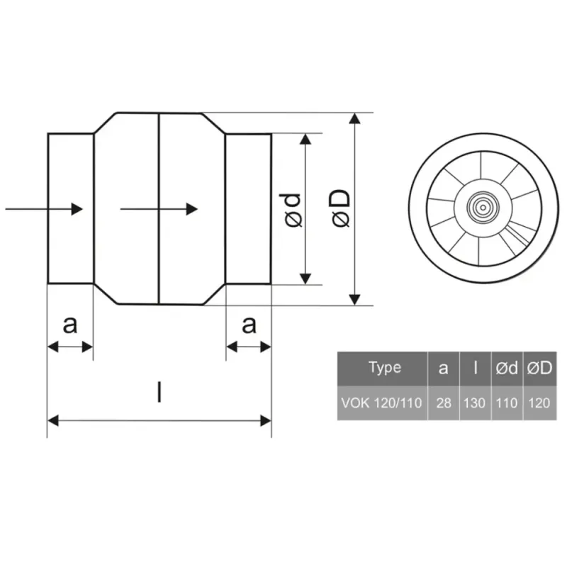 Varmebestandig kanalavtrekksvifte VOK-T 120/⌀110mm, 150 m³/t