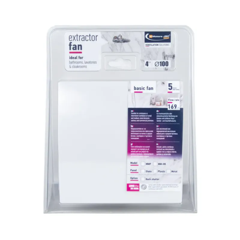 Designer avtrekksvifte MMP Ø100, 169 m³/t, glass, hvit matt